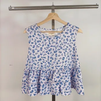 Top sans manches fleuri bleu et blanc à basque CMT Atelier taille M léger été A525