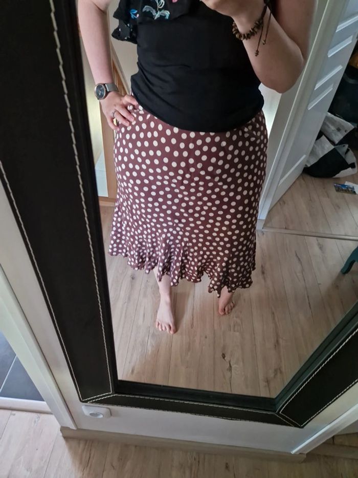 Jupe midi per una pois marron beige taille 46 - photo numéro 2