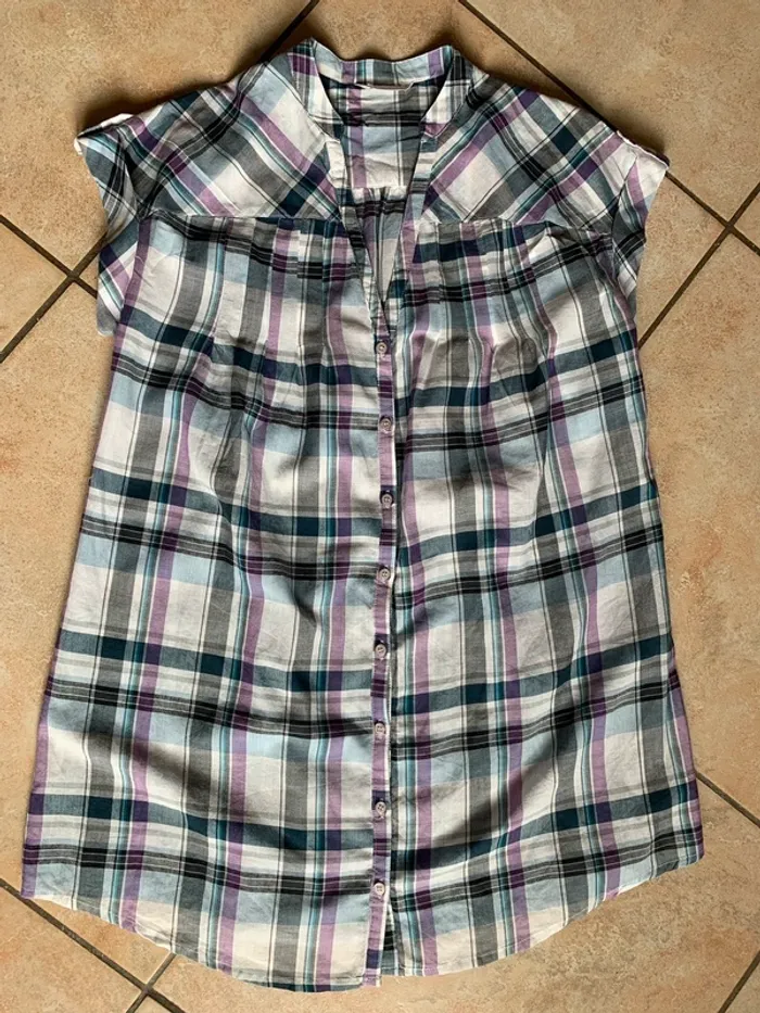 Tunique robe fluide Promod T 38 à carreaux gris violet manche courte