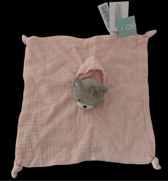 ❤️B5250 Doudou Plat lange mouchoir OBAIBI Okaïdi Chat Cat Capuche Lange Rose Gris - photo numéro 2