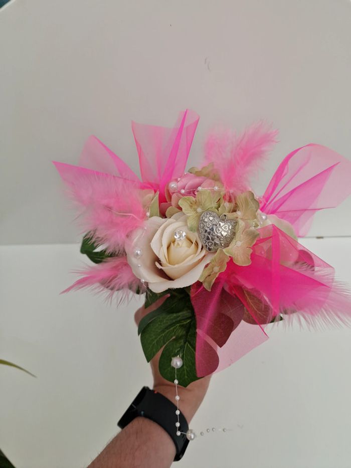 Bouquet De Mariée Roses Tulle Perles Plumes Dentelle - photo numéro 8