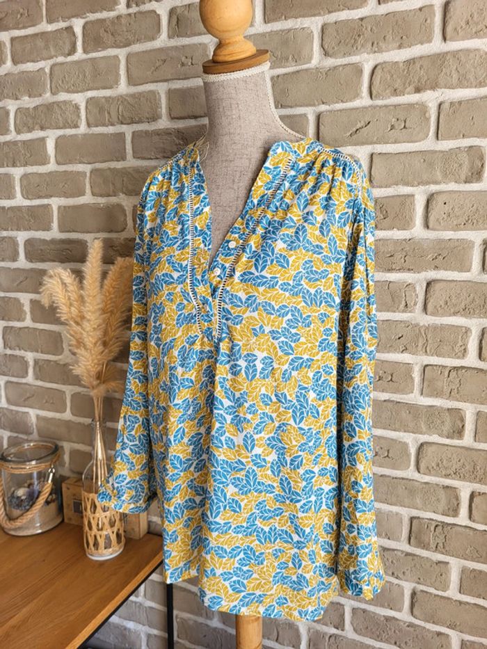 Blouse imprimée feuillage jaune moutarde et bleu clair - rétro champêtre - photo numéro 8