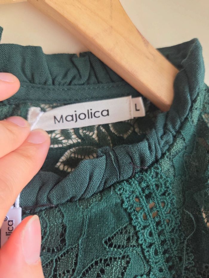 Blouse vert sapin majolica neuve avec dentelle - Taille L - photo numéro 3