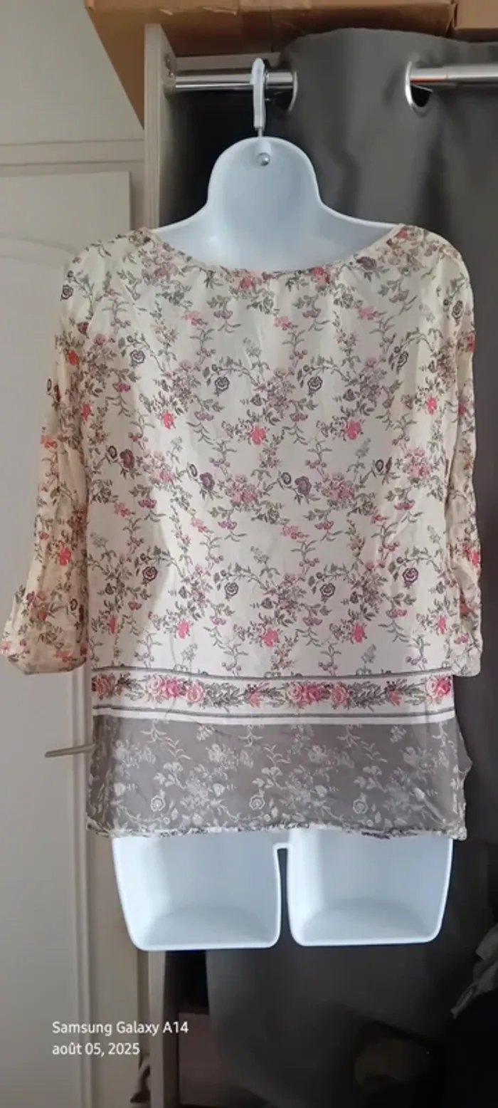 Blouse légère manches 3/4 motif fleurs esprit bohème beige femme 38 promod - photo numéro 4