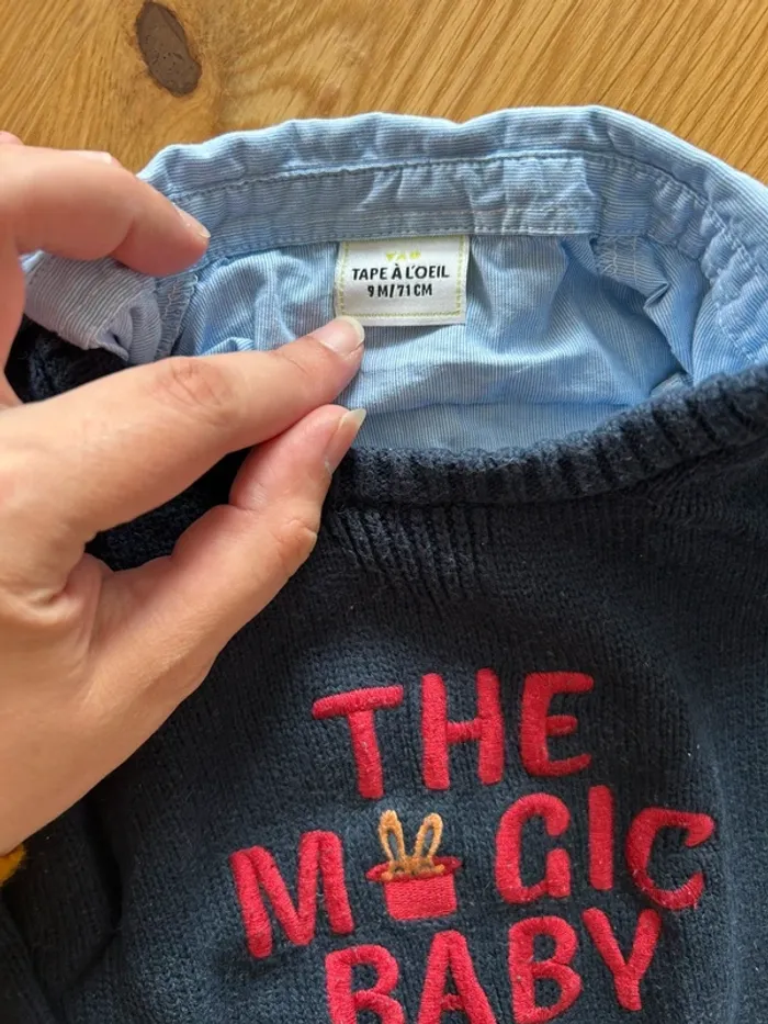 Ensemble bébé garçon 9 mois – Pull marine brodé avec col de chemise + Jean clair - photo numéro 6