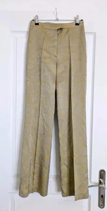 Pantalon vintage satiné gris à motifs dorés - Helena Sorel - taille 34