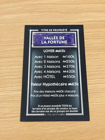 Carte titre de propriété Vallée de la fortune pièce jeu de société Monopoly Millionnaire #A45