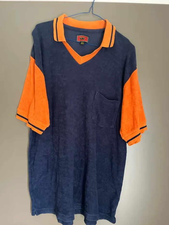Polo homme manches courtes coton éponge bleu et orange taille L Zara