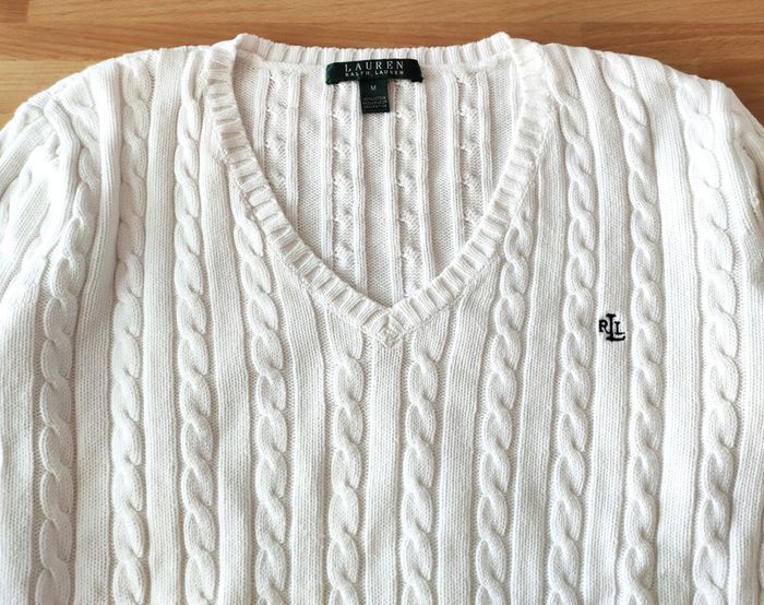 Pull irlandais col v en 100% coton blanc, Ralph Lauren t.M - photo numéro 4