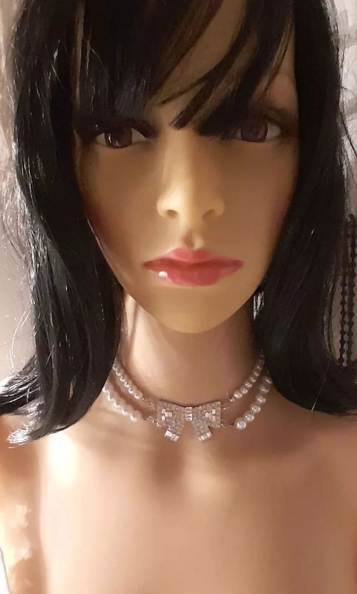 Collier de perles, 2 rangées avec noeud incrusté de strass