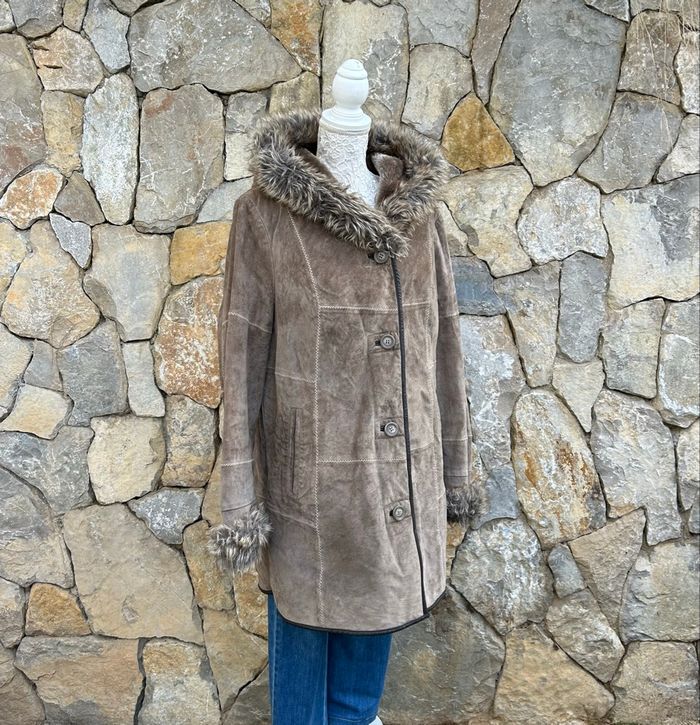 Manteau d’hiver Saki, cuir retourné, shearling, vintage y2k beige taupe, femme 46