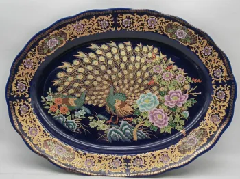 Grand plat vintage asiatique années 70 en céramique décor paons et fleurs
