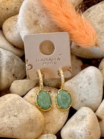 Boucles d’oreilles petites créoles zircons et pierre en jade vert