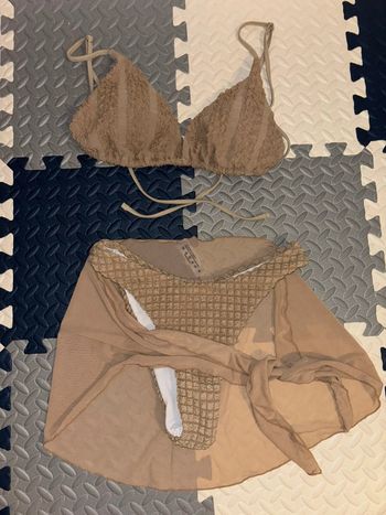 Lot 3 pièces Ensemble de plage marron triangle, tanga et paréo