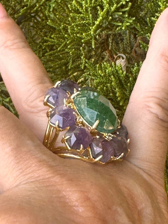 Grosse bague habaha Paris aventurine et améthyste acier inoxydable or - photo numéro 2