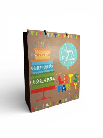 Sac cadeau joyeux anniversaire « faisons la fête » motif gâteau marron 26 x 32 x 10 cm Neuf