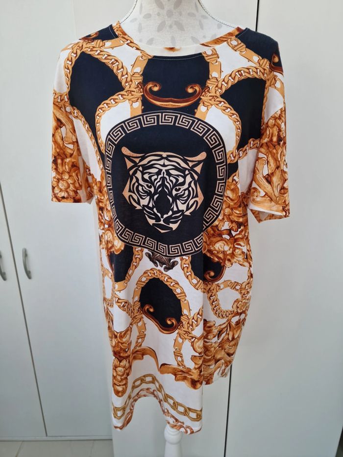 T-Shirt Blanc Noir Imprimé Tigre Chaines Dorés
