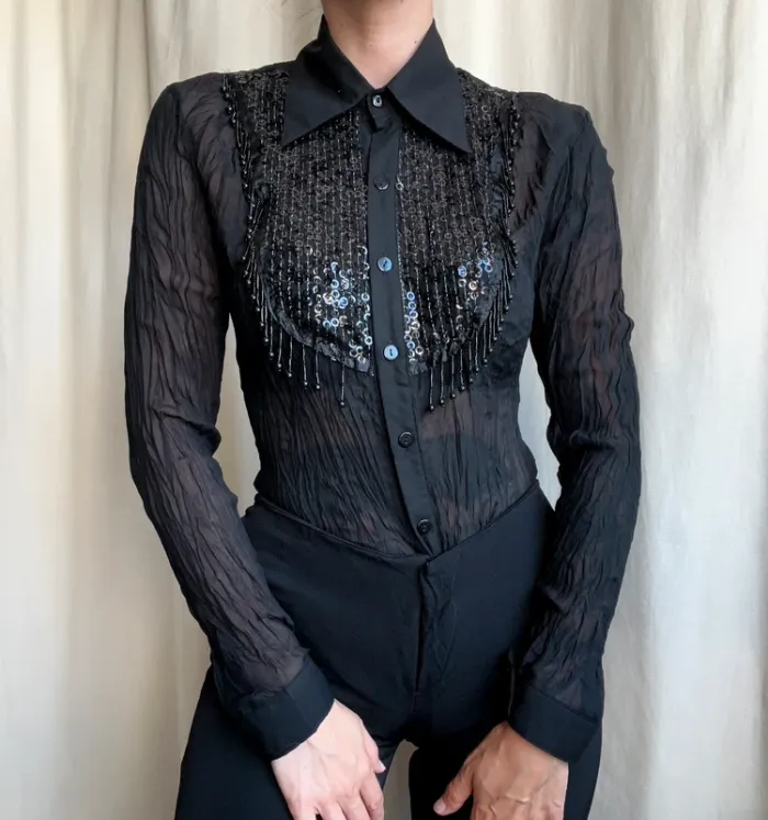 Chemise sequins perles mesh matière froissée Goth Vampire Whimsigoth vintage 90s - Taille S - photo numéro 5