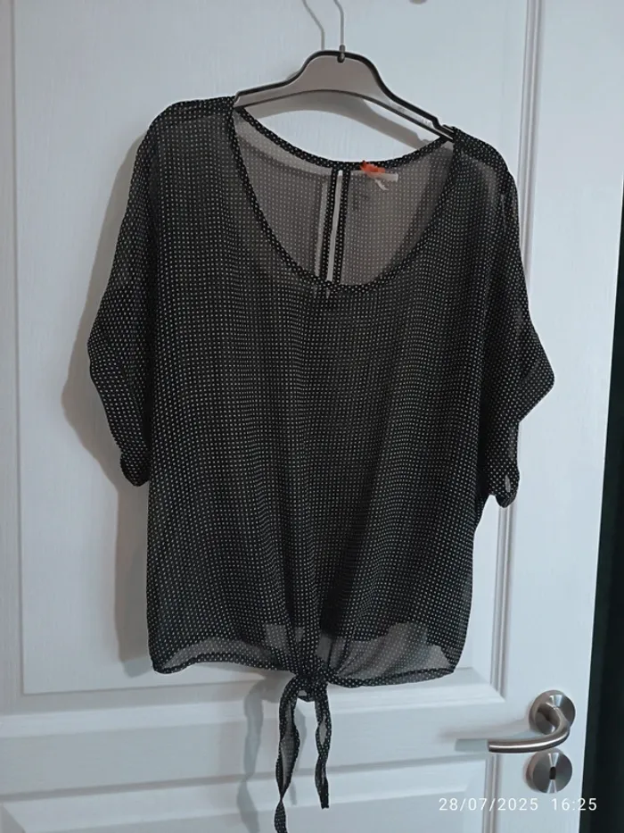 Blouse fluide transparente noir petit pois blanc