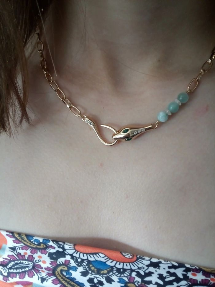 Collier serpent et pierres de larimar vert - photo numéro 2