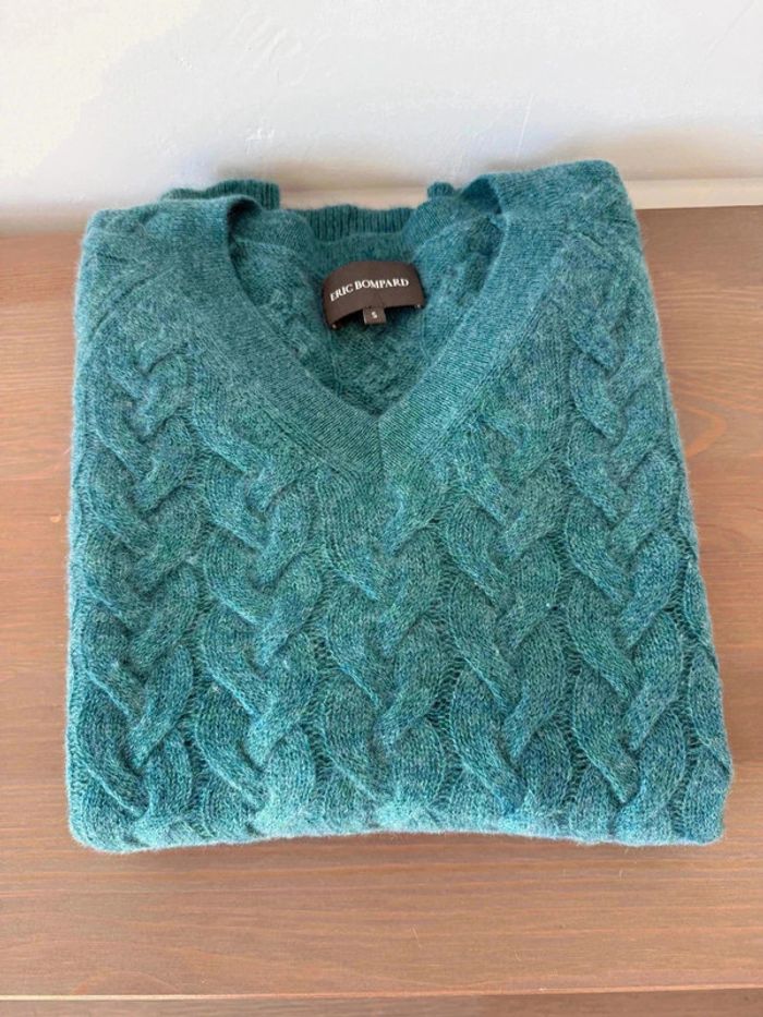 Magnifique Pull Cachemire Eric Bompard - Col V Tressé - Vert Canard / Bleu Canard - Taille S