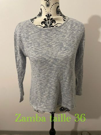 Pull à manches longues bleu chiné blanc style chemise en voile longue dos zamba taille 36