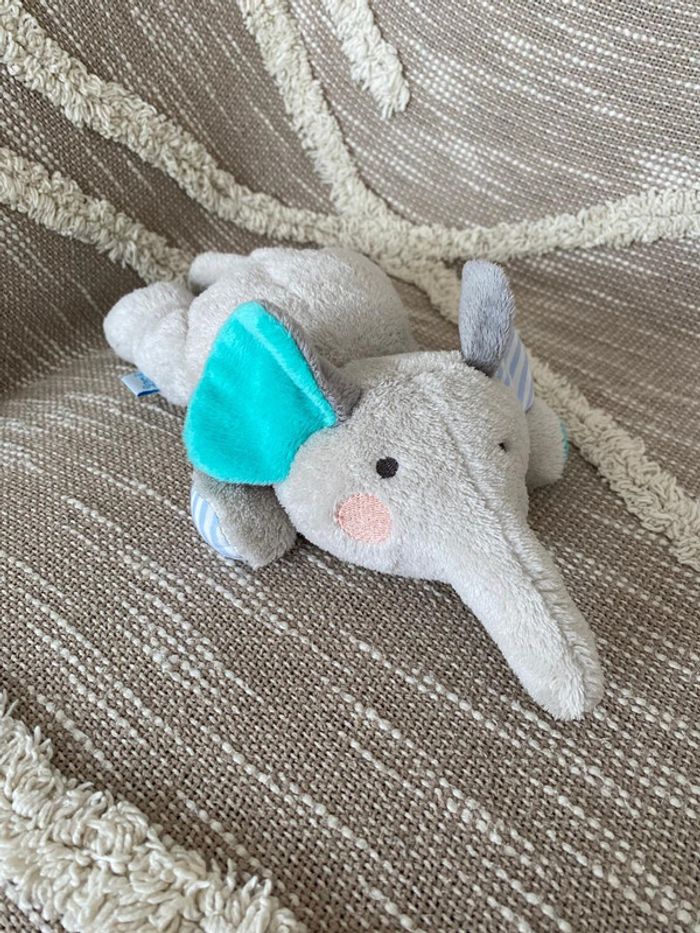 Peluche doudou bouillotte 27cm Dodie éléphant allongé gris et bleu très bon état - photo numéro 2