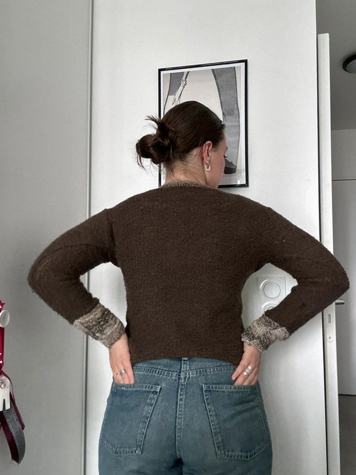 Pull vintage Y2K marron & beige – Taille S | Style rétro | Motifs 2000’s - photo numéro 5