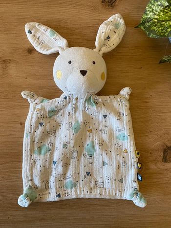 Doudou plat lapin blanc lange motif maison tape à l œil