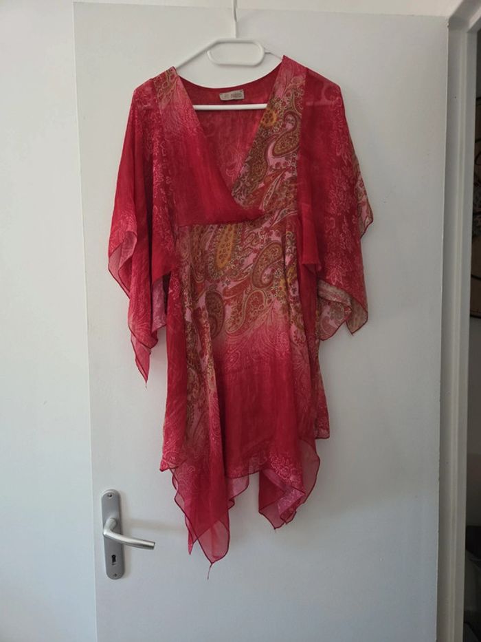 Tunique femme manche 3/4 transparente motifs rouge taille unique BE alison