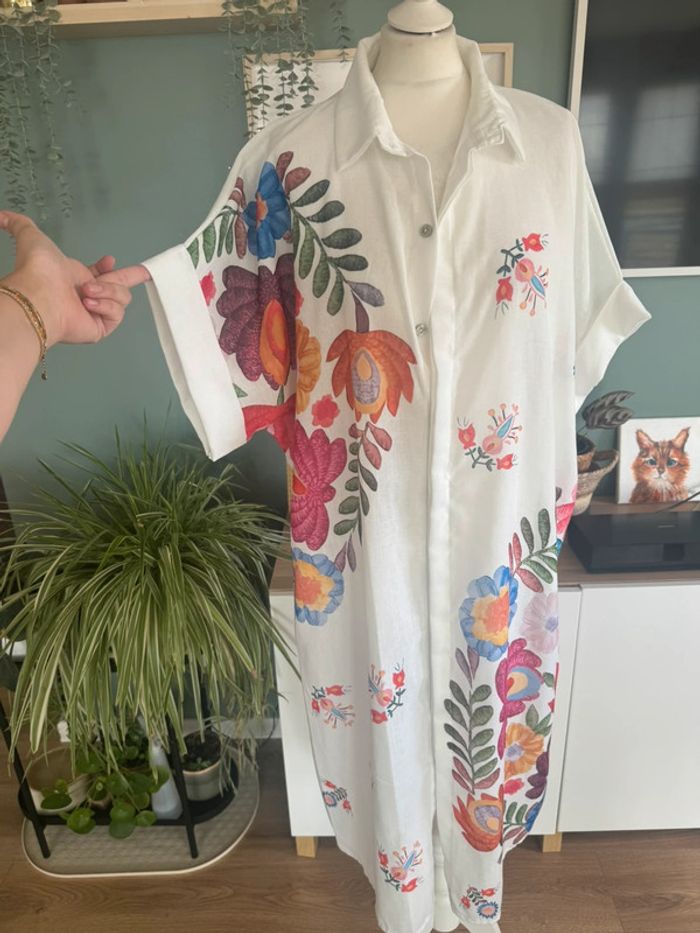 Magnifique robe chemise coton effet lin blanc fleuris multicouleurs taille 42/46 grande taille - photo numéro 4