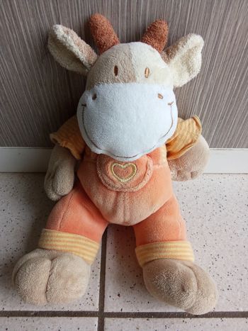 Doudou vache, hippopotame orange, jaune blanc, beige mots d'enfants  leclerc