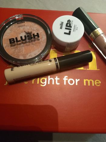 Offre  Set 1 blush multicolore,  1 cache cernes,  un exfoliant lèvres et un gloss lèvres