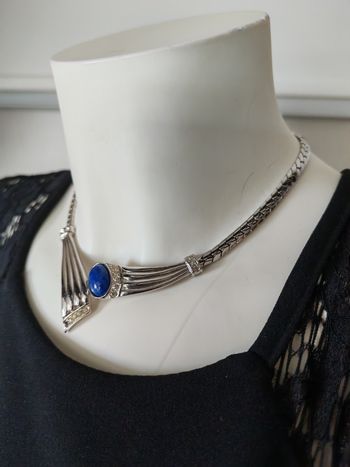 Collier choker vintage argenté pierre bleue