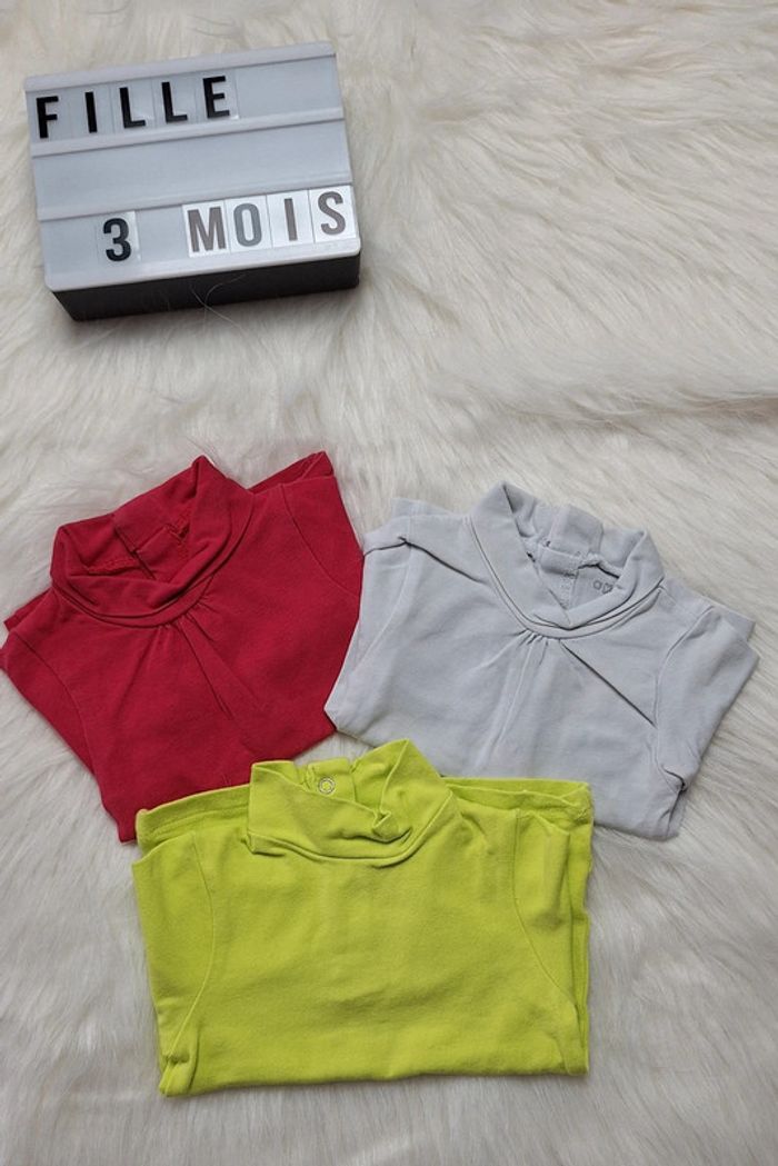 Lot de 3 tee shirts ml col roulé fille 3 mois