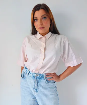Chemise manches courtes coton rose pâle ample style vintage rétro Printemps Taille 38