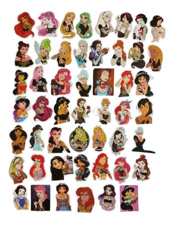 Set 50 stickers autocollants Princesses Disney Tattoo Goth Gothique Punk