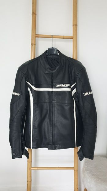 Veste de moto blouson motard en cuir noir et blanc taille XL avec doublure et protections