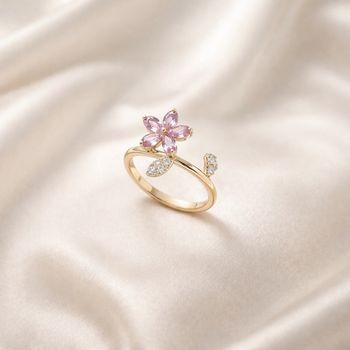 Bague doré fleur rose petite feuille strass Neuve