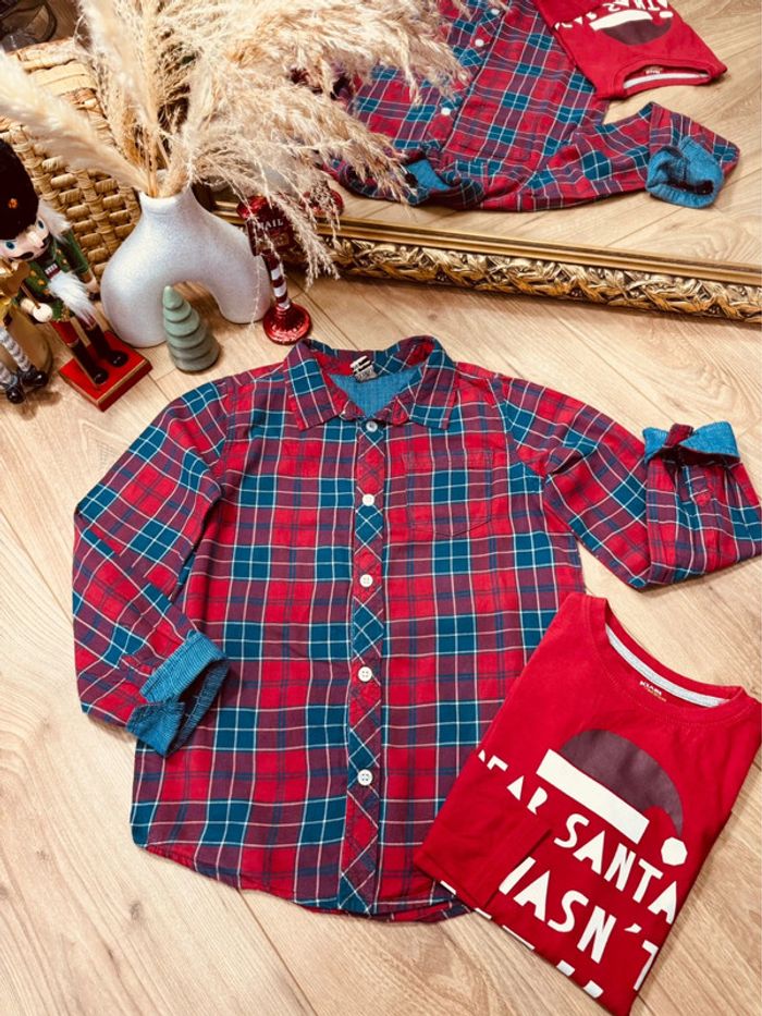 Taille 8 ans chemise et teeshirt Noël garçon TAO Kiabi rouge bleu * bonnet Noël * 🎄