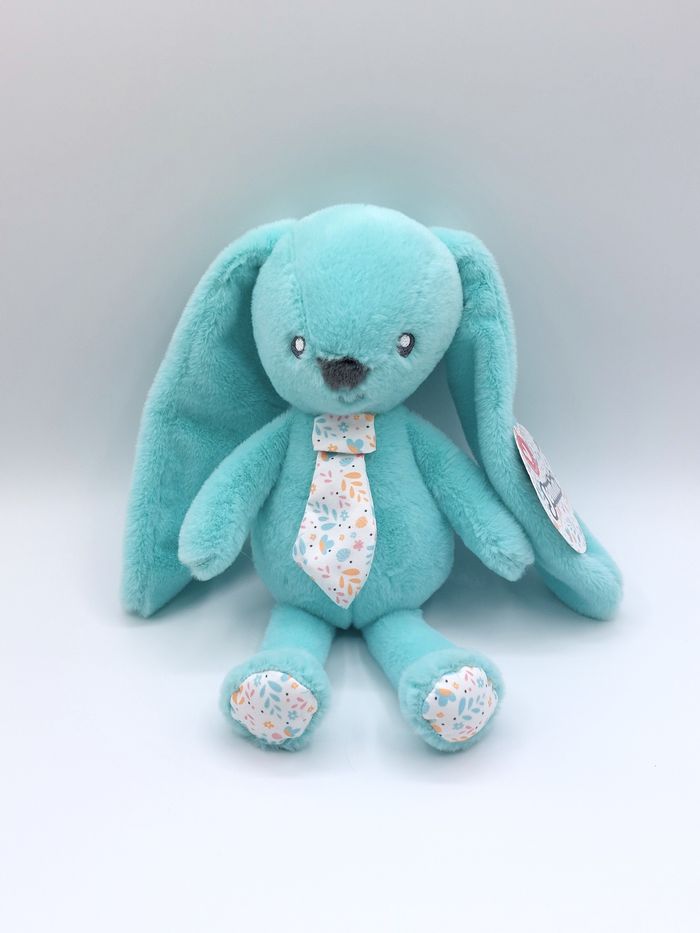 Peluche doudou lapin vert menthe créateur JEMINI cravate fleurs blanc 25 cm neuf