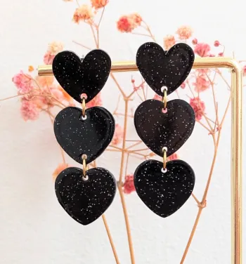 Boucles d'oreilles triple coeur noir paillettes
