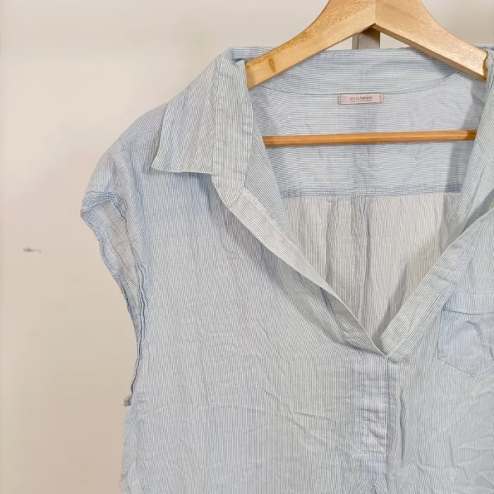 Blouse sans manches rayée bleu clair Miss Helen – col fluide – taille 42 estimée A1008 - photo numéro 6