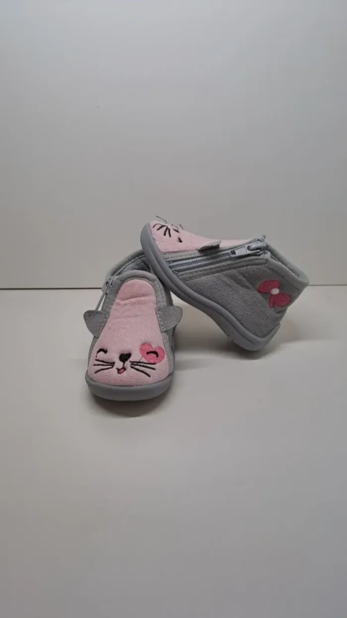 💚Chaussons bébé fille – motif chat – gris et rose – avec fermeture zip – T. 20 - photo numéro 2
