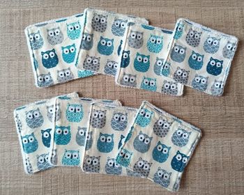 8 carrés lingettes tissu lavable hibou 9 x 9 cm