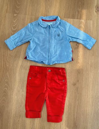 Ensemble bébé garçon  chemise bleu et pantalon  rouge  9 mois