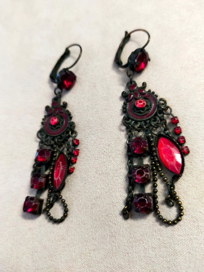 Boucles d’oreilles baroques rouges & bronze – Fantaisie vintage - photo numéro 3