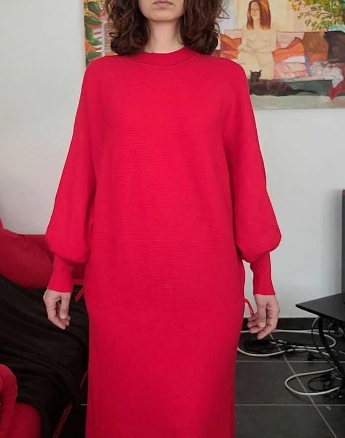 Robe midi rouge C&A manches bouffantes rétro fêtes 40