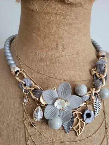Collier gris fleurs perles