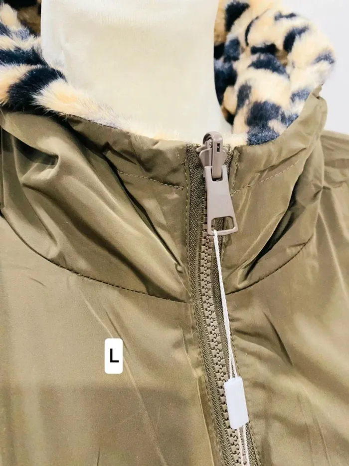 Manteau parka femme imperméable réversible fourré kaki/léopard taille L - photo numéro 5